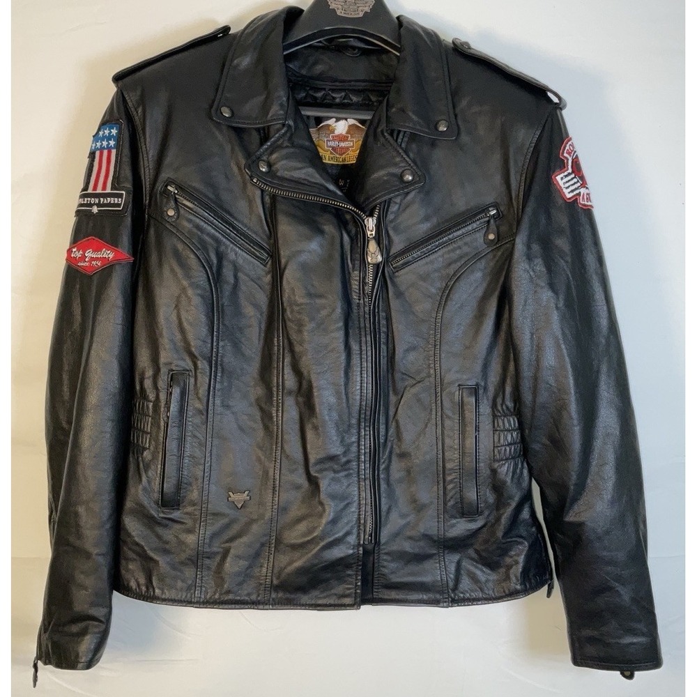 Women's Authentic Harley Davidson Leather Jacket Removable Liner Patches - Large